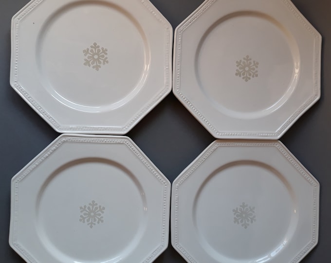 Set of 4 RC Portugal White Octagonal Plates. Snowflake Decoration. Christmas Cake Plates. Desert Plates. Marked.