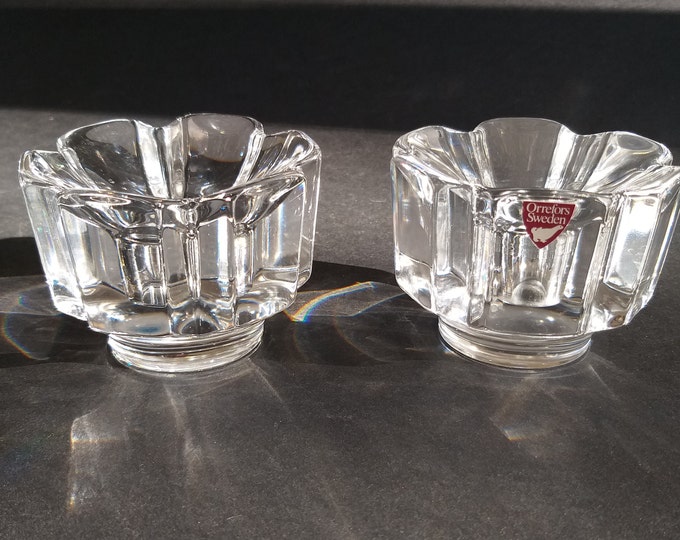 Pair of Orrefors Sweden Crystal Glass Candlestick Holders. Design by Lars Hellsten. Excellent Vintage Condition. Scandinavian Art Glass.