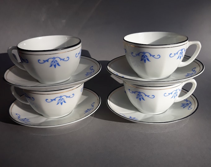 Pair of Vintage Porcelain Hackefors Coffee Tea Cups and Saucers. White with Blue Decoration. Very Delicate Swedish Design Tableware. Marked.