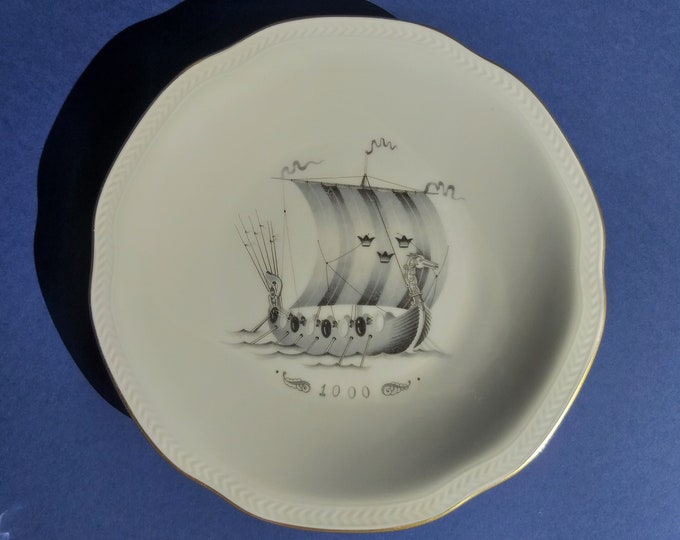 Kungsholmsservisen Linkoping Sweden Fine China 20cm (8")  Plate with Historical Swedish Sailing Ship Marked  "1000". Embossed Rim with Gold.