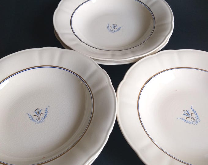 Rorstrand Sweden Bone China Ecru Colour Soup Plate. Blue Gold Decor. Pattern Ingrid. Ruffled Edges. Elegant Shape. Vintage Swedish Tableware