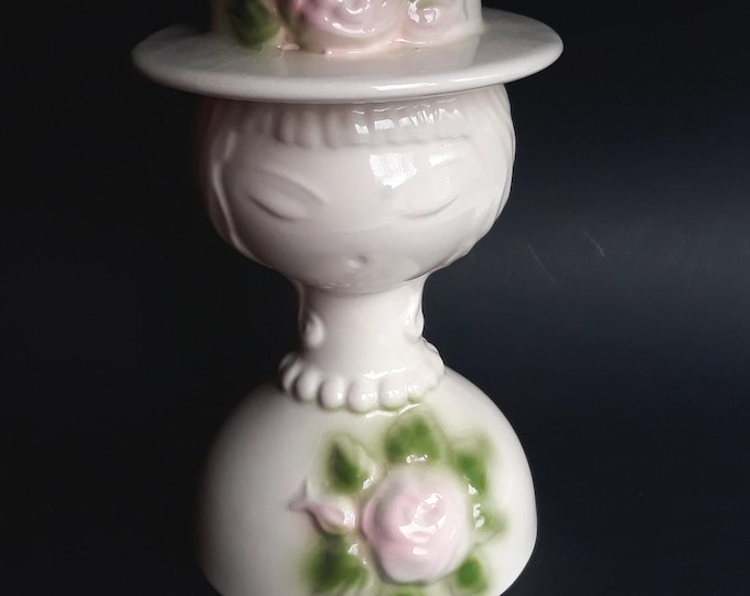 Guldkroken Hjo Sweden Lady Head Vase in Ecru White Colour with Pink and Green Embossed Flower Decor. Vintage Swedish Ceramic Figurine.