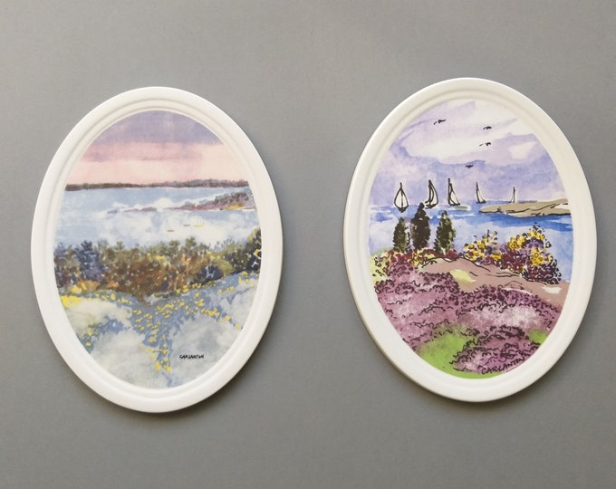 Set of 2 Rorstrand wall plaques. Stoneware from 80s. Looks good in pairs. Printed nature painting motives - sea, boats. Excellent condition.