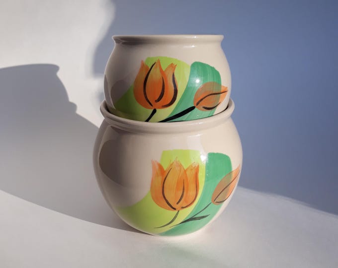 Set of 2 Gabriel Stengods Sweden Glazed Stoneware Pots. Beautiful Tulip Decoration on One Side. Swedish Vintage Home Decoration.