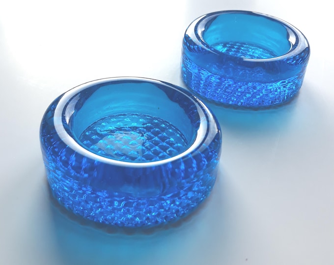 Set of 2 Beautiful Blue Scandinavian Christal Glass Candleholders. Round Shape. Thick Heavy Glass.