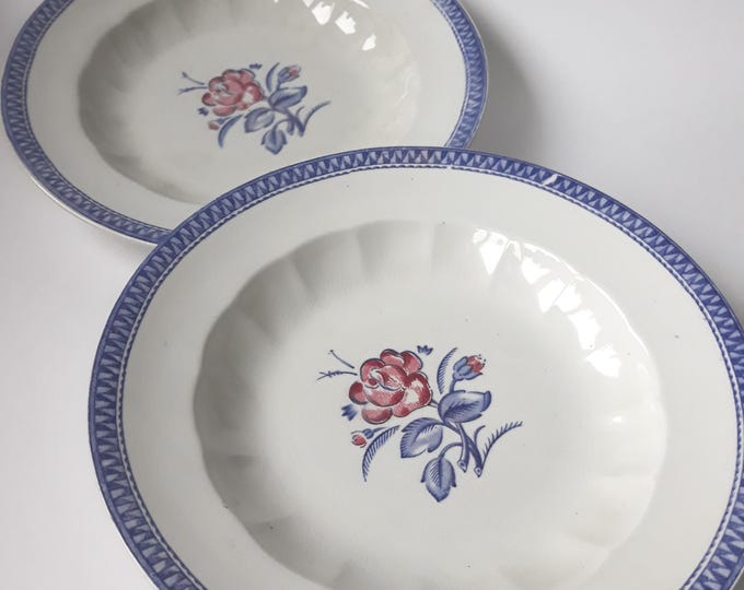 Set of 2 Rare Gustavsberg Antique Swedish Flintware Soup Plates in Pattern Rosen. Design by Wilhelm Kage. Stamped and Marked on Bottom.