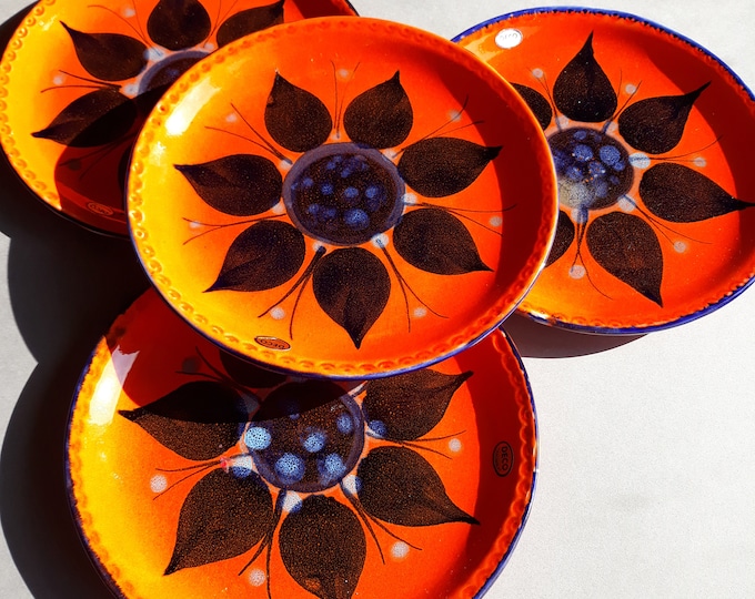 Set of 2 Deco Helsingborg Sweden Vintage Orange Red Colour Glazed Ceramic Plates. Hand Painted Flower. Original Labels. Marked on Bottom.