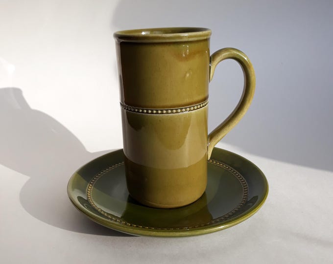 Old Hoganas Sweden Stoneware Mug with Ceramic Saucer. Mid Century Modern Design. Hand Made in Sweden. Moss Green. Good Vintage Condition.