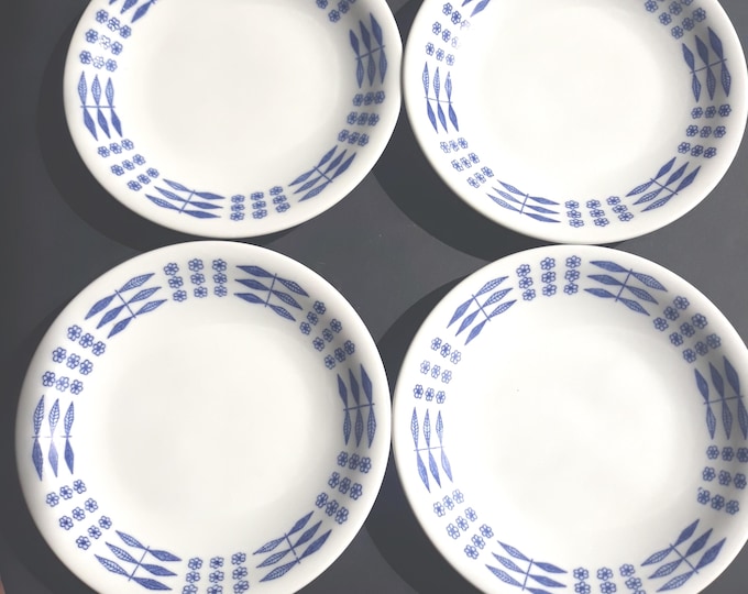 Set of 4 Lucullus Rörstrand Sweden Small Ceramic Plates. Scandinavian MCM Style from 50s. Nordic Stylized Floral Pattern in Blue Colour.