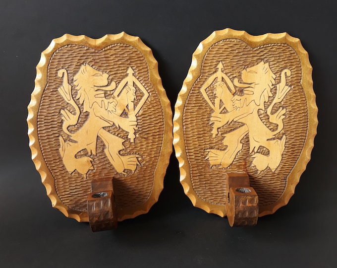 Swedish Hand Carved Wooden Wall Sconces, Candlestick Holders with Lion Coats of Arms.  Made in Sweden in 50s. Swedish Vintage Home Decor.
