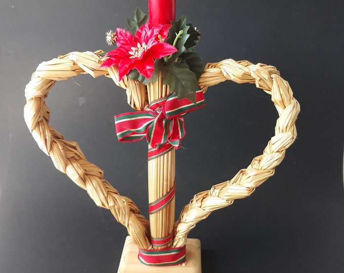 Swedish Christmas House Decoration from Straw with Candlestick. Heart Contours. Wooden Base. Created in Sweden. Handmade. Scandinavian Art.