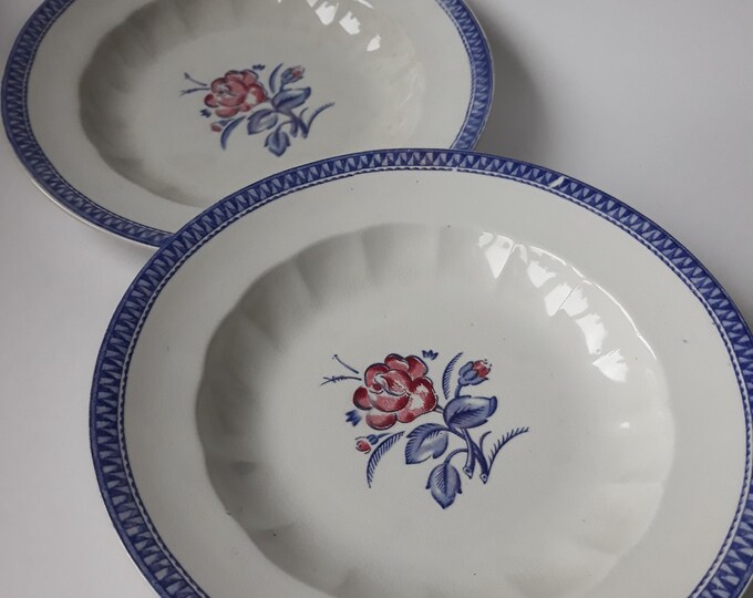 Set of 2 Rare Gustavsberg Antique Swedish Flintware Soup Plates in Pattern Rosen. Design by Wilhelm Kage. Stamped and Marked on Bottom.