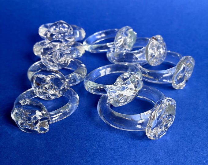 One Set of 9 Vintage 70s Clear Glass Napkins Rings with Rose Flower. Handmade Table Decoration.