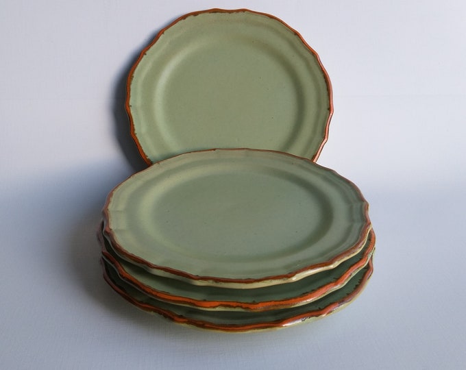 Vintage Gabriel Burmeister Plate (Cake) marked 395. Oliv. Matt glaze. Orange/ Brown Glossy Wavy Edge. Scandinavian Pottery. Made in Sweden.