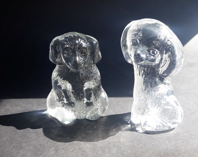 Pair of Clear Textured Crystal Glass Dog Puppies Figurines Suncatchers Paperweights. Swedish Vintage Glass.