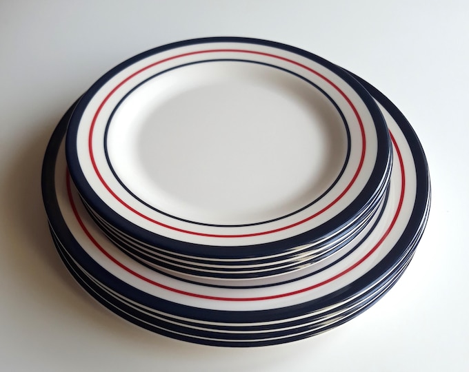 Cool Set of Biltema Melamine 4 Salad and 4 Dinner Plates. White Base with Blue and Red Circles. Marked. Used.