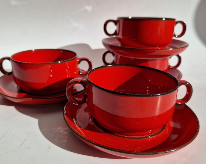 Set of 4 Thomas Germany Flammfest Red with Black Rim Stoneware Soup Bowls with Saucers. Made in Germany. Marked.
