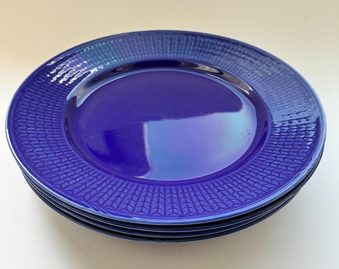 One Set of 4 Rorstrand Plates. Pattern Swedish Grace. Ocean Sea Dark Blue Colour.  Ribbed Rim. Used.