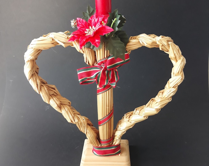 Swedish Christmas House Decoration from Straw with Candlestick. Heart Contours. Wooden Base. Created in Sweden. Handmade. Scandinavian Art.