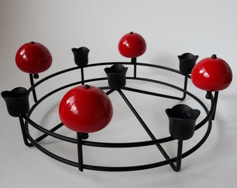 Swedish Metal Christmas Candleholder for Five Candles. Round Shape. Red Wooden Ball Decor. Scandinavian Home Decoration. Made in Sweden.