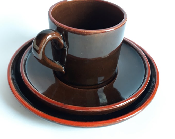 Toreboda Sweden. Ceramic Cup Saucer Plate. Chocolate Brown Colour with Brite Orange Edges. Good Looking Coffee Mugs. Vintage Swedish Pottery