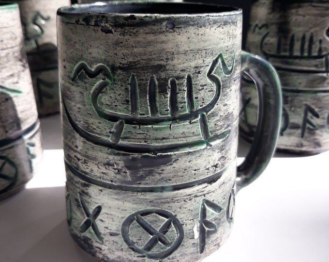 Arol Halden Norway Viking Ceramic Mug or Open Sugar Bowl. Green White Colour. Rune Symbol Carvings. Brutalist Style. Hand Thrown Stoneware.