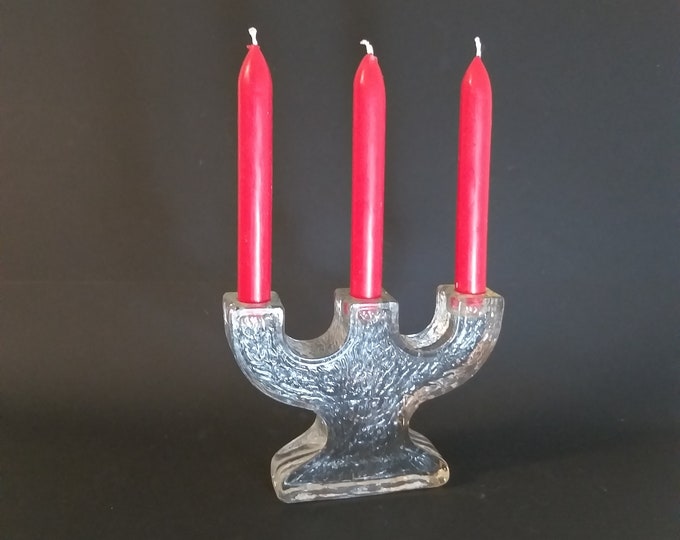 Pukeberg Sweden. Swedish Glass Candelabra with Tree Arms. Clear Textured Glass. MCM Scandinavian Design. Scandinavian Vintage Home Decor.