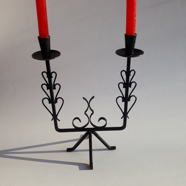 Bo Svensk Sweden Vintage Metal Candleholder for Two Thin Candles. Painted in Black Colour. Swedish Folk Style. Scandinavian Metal Art.