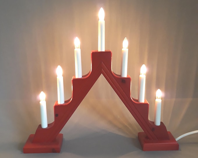 Gnosjo Konstsmide Sweden Red Wooden Electric Christmas Candleholder for Seven Electric Lights in Candle Shape. Original Label.