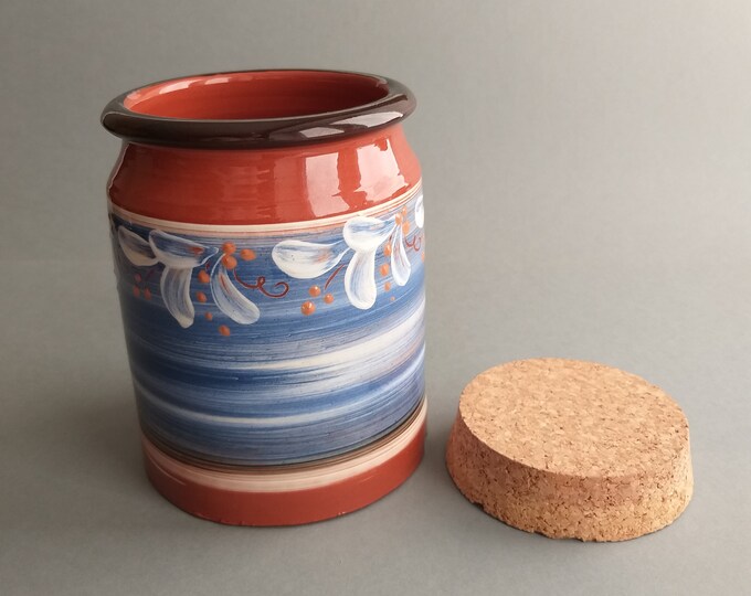 Swedish Studio Pottery. Fantastic Hand Painted Vintage Jar with Cork. Lovely Brown, Blue, White Colours. Glossy Glaze. Looks Unused. Signed.