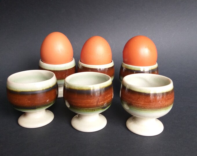 Set of 6 Höganäs Keramik Sweden Egg Cups in Agat Pattern. Design by Hertha Bengtsson. Vintage Swedish Pottery from 1960s. Retro Kitchenware.