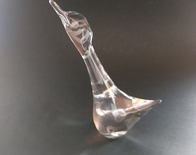 Vintage Scandinavian Clear Crystal Art Glass Goose Figurine. Paperweight. Sun Catcher. Mid-Century Modern Style. Home Decor for Bird Lower..