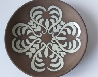 Vintage Laholm Sweden Semi Glazed Ceramic Plate Bowl in Brown Colour with Hand Painted with White Glaze Decor. Marked. Scandinavian Pottery.