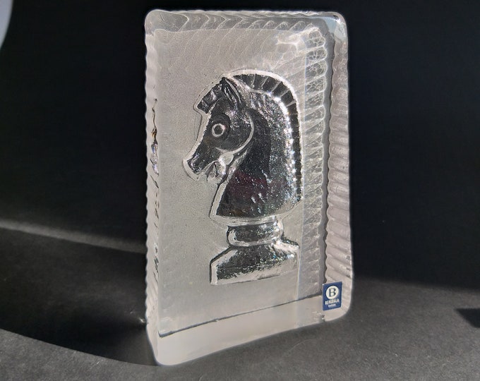 Bergdala Sweden. Paperweight Suncatcher Art Glass piece. Clear Frosted Crystal Glass. Chess Theme - Horse Figurine. Vintage Home Decor.
