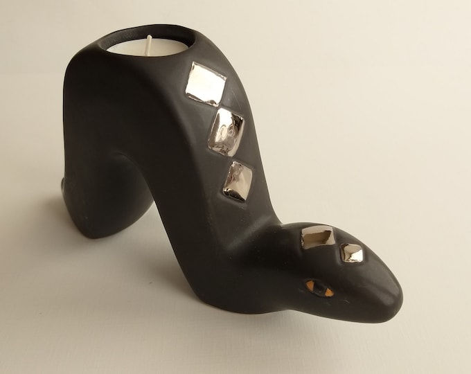 Gabriel Sweden. Ceramic Viper Snake Tea Light Holder. Black Brown with Glossy Rhombus on Top. Unusual, Rare Found Vintage Pottery  Piece.