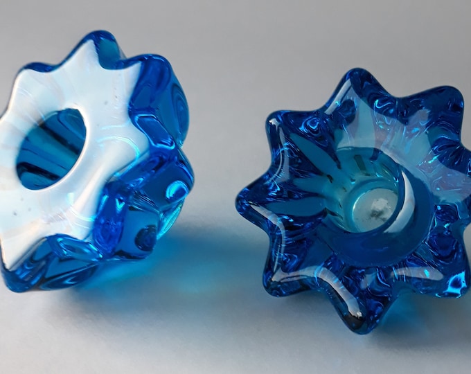 Pair of Large Heavy Swedish Crystal Glass Blue Colour Candlestick Holders. Swedish Vintage MCM Home Decoration.