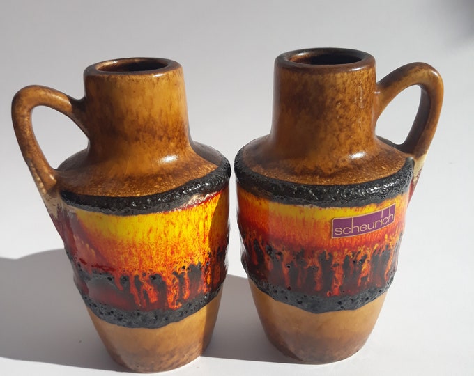 Pair of Small Sheurich Germany Ceramic Vases. Bright Colours. Lava Effect. Marked. Stylish Mid Century Modern Style Home Decoration from 70s