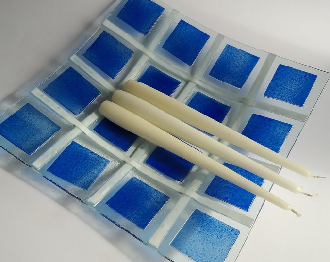 Large Vintage Fused Glass Platter, Fruit Serving Bowl from Sweden. Square Shape in Blue, White Geometric Decor. Swedish Design Art Glass.