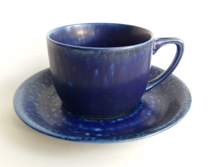 Suisse Langenthal Switzerland. Ocean Blue Studio Stoneware Cup and Saucer from 70s. Glazed in Sponge Technique. Vintage, Retro. Rare Find.