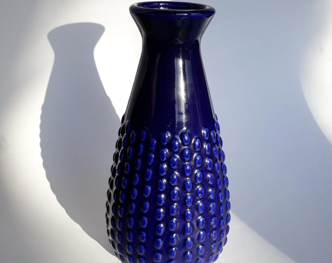 Vintage Jasba Germany Ceramic Vase. Dark Blue Glaze. Relief Decor. Marked. German Mid Century Modern Style Pottery.
