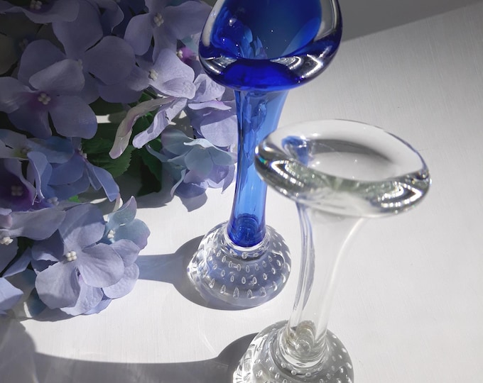 Set of 2 Vintage Aseda Sweden Art Glass Blue and Clear Crystal Glass Vases. Jack in the Pulpit. Clear Controlled Bubble Base. Handblown.