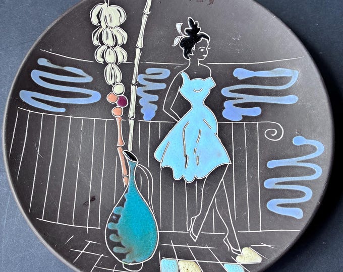 Arnold Wings Fabrikker Norway Ceramic Wall Plate AWF 907 Capri. Black Matte Base. Girl in Blue Dress by the Lake. Marked.