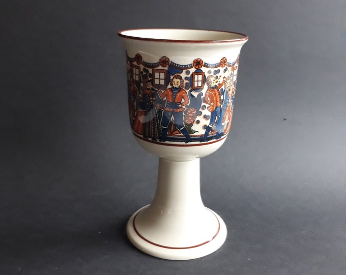 Hoganas Keramik Stoneware Goblet Cup on Pedestal Made in Sweden. Colourful Design featuring Musicians and Dancers from Medieval Time. Marked