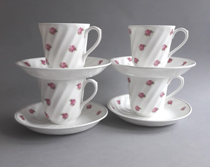 2 Gustavsberg Benporslin Sweden. Vintage Porcelain Espresso Coffee Cup Saucer. Romantic Floral Pink Rose Design. Gilded Lines. Swedish China