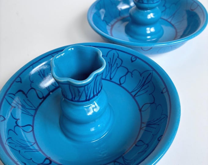 Set of Two Vintage Blue Ceramic Candleholders. Hand Painted. Very Decorative Home Decor.