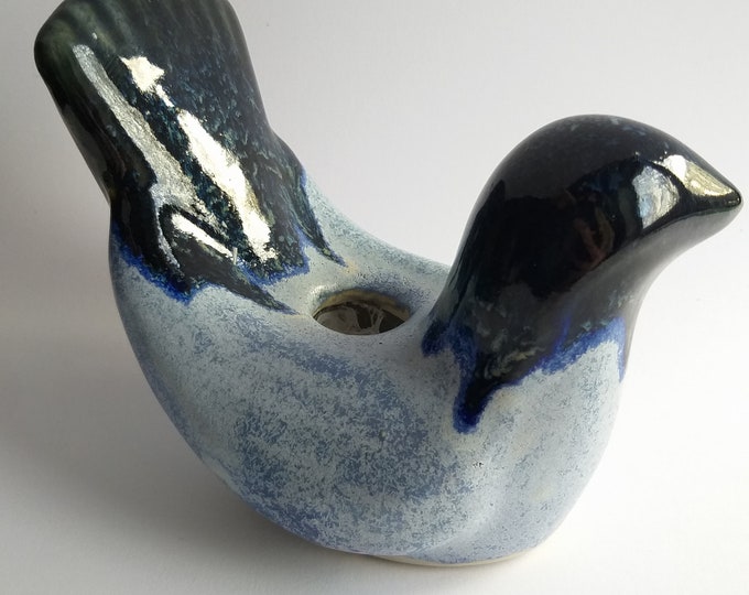 Amazingly Beautiful Semi Glazed Bird Candle Holder in Blue Tone Colours. Made in Pottery Studio. Signed. Vintage Scandinavian Ceramic.