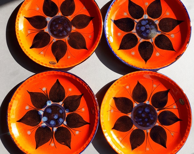 Pair of Deco Helsingborg Sweden Vintage Orange Red Colour Glazed Ceramic Plates. Hand Painted Flower. Original Labels. Marked on Bottom.