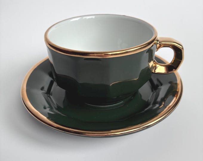 One Vintage Pillivuyt France Porcelain Cup and Saucer. Dark Green with Gold Trim. French Tableware. Marked. Used.