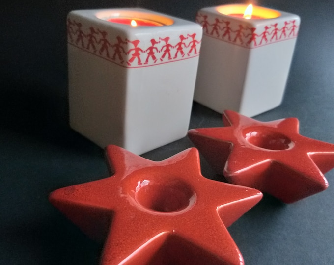 Pair of Hedlund Norway Ceramic Tea Light Holders and Pair of Star Shaped Candlestick Holders. A Set of Four. Scandinavian Design Home Decor.