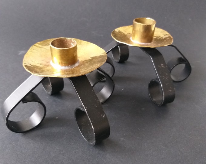 A Pair of Vintage Iron Brass Candlesticks on Scrolled Legs from Sweden. Mid Century Style. Scandinavian Metal Art. Swedish Home Decor.